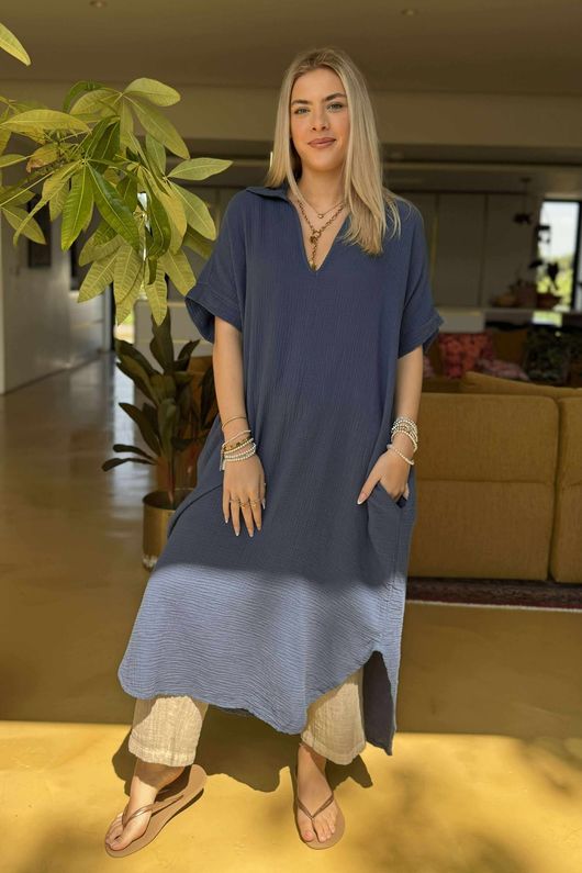 Made in Italy Paulo Pillow Cotton Shirt Dress Dark Denim 